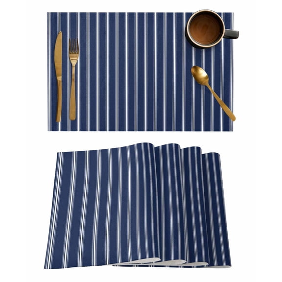 Navy Blue Striped Placemats Set of 4, Navy Blue White Farmhouse Stripes Placemats for Dining Table, Place Mats for Kitchen Tabletop, Waterproof Wipeable Dining Table Mats Set