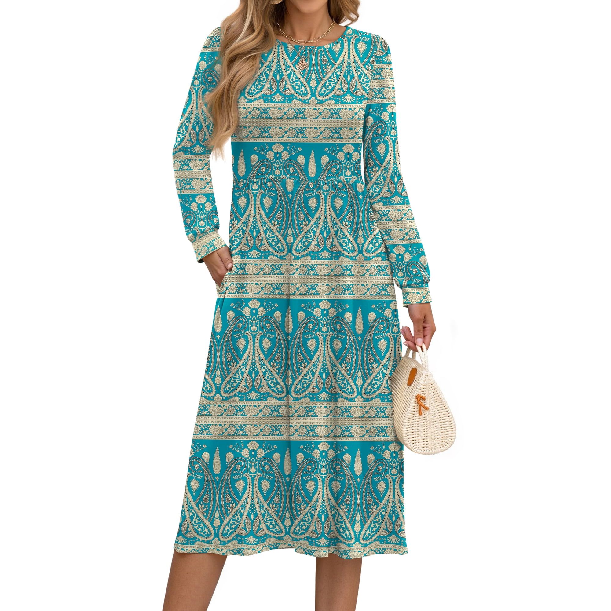 Fantaslook Long Sleeve Midi Dresses for Women Casual Floral Dress Flowy Fall Dresses with Pockets