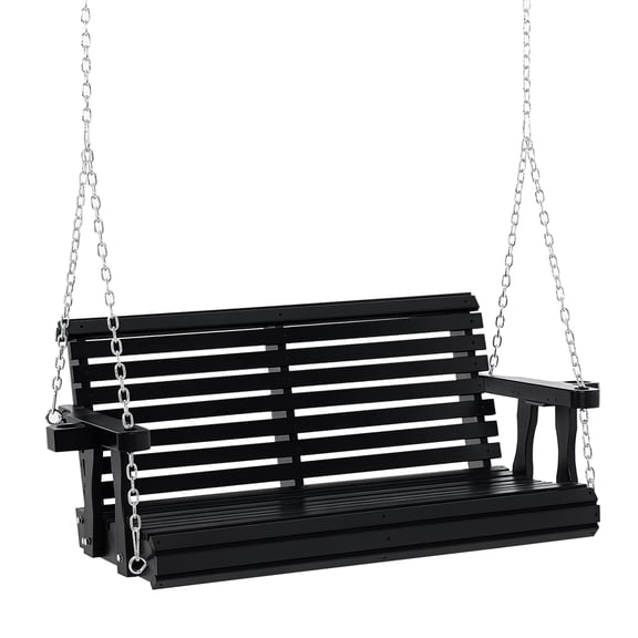 Porch Swing, 2 Person Wooden Patio Swing Chair with Chains and Cupholders, Fir Wood Outdoor Hanging Bench, 440 lbs Capacity, 58.25" W, Black Finish for Garden, Backyard and Poolside