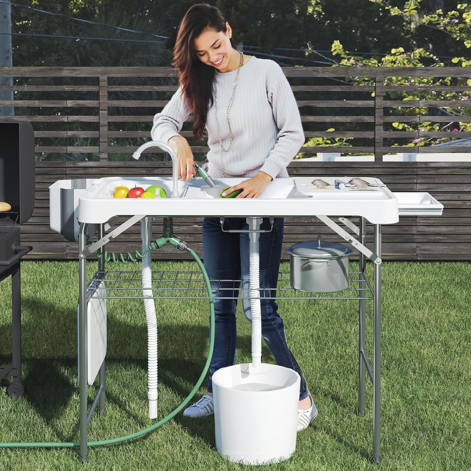 42.5 Fish Cleaning Table with Dual Sink Portable Folding Camping Table with Faucet Sprayer Grid Rack Hose Hook Up & Knife Groove Outdoor Sink Station for Picnic Beach Patio