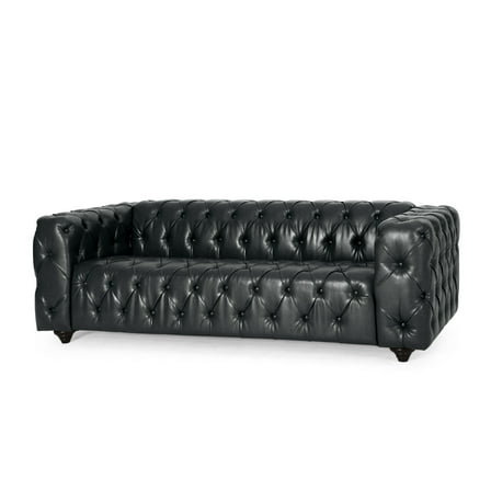 Sofa, Chesterfield Tufted Black Faux Leather Upholstery, Wood, 84 Inch