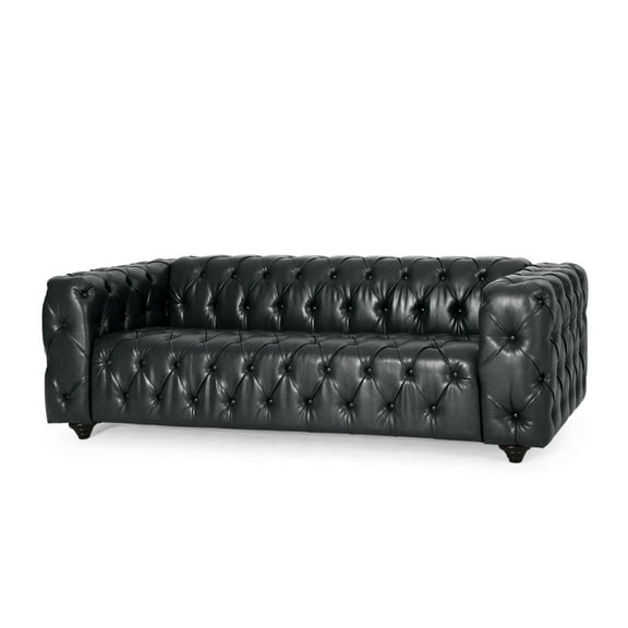 Sofa, Chesterfield Tufted Black Faux Leather Upholstery, Wood, 84 Inch