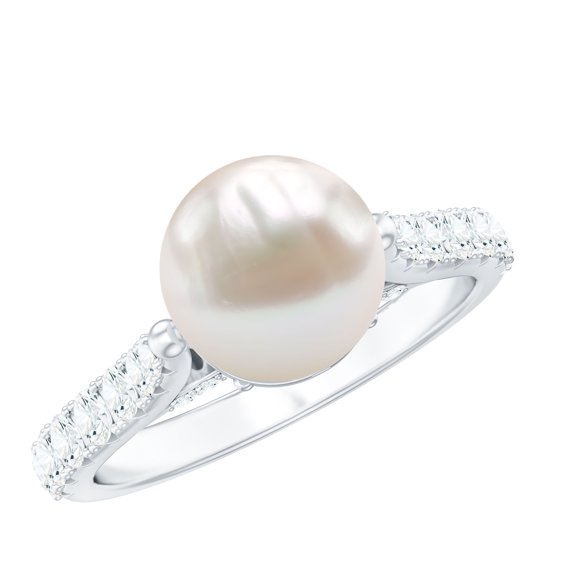 Rosec Jewels Cultured Freshwater Pearl Diamond Engagement Ring 7 Carat - Pearl Solitaire Ring for Women - 8 mm - AAA Quality, 925 Sterling Silver, US 4.00