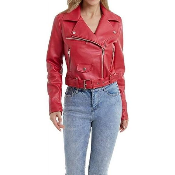 Women's Genuine Red Lambskin Leather Jacket Motorcycle Belt Slim fit Biker Jacket W201