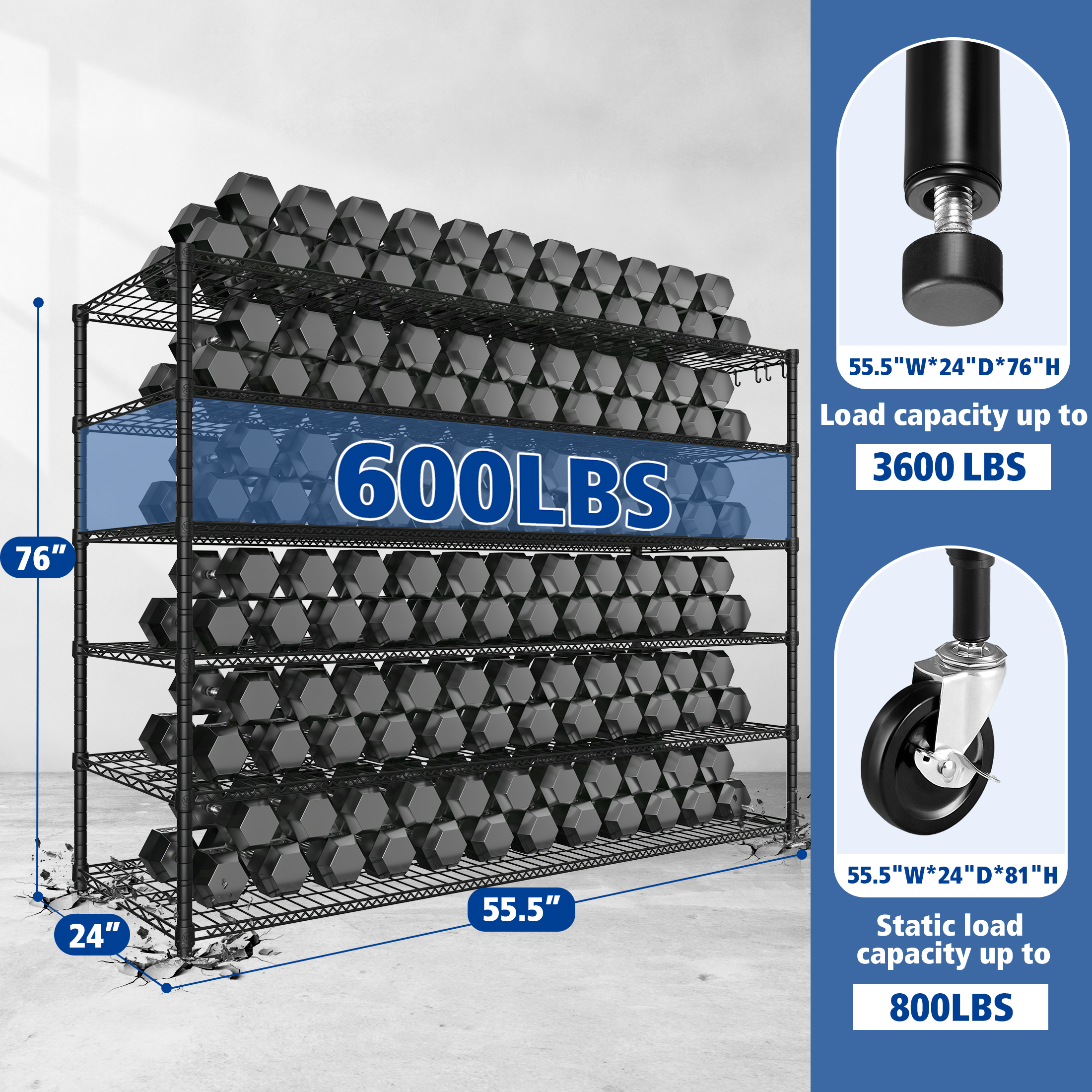 Prilinex 55.5“W Storage Shelves, 6-Tier Wire Shelving Adjustable Storage Rack, Heavy Duty Garage Shelving, Metal Shelving for Pantry Kitchen Steel Shelving, 55.5”W X 24''D X 76"H, Black