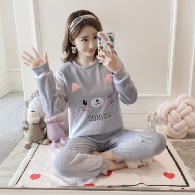 

PIKADINGNIS New Autumn Winter Warm Flannel Women Pyjamas Sets Thick Coral Velvet Long Sleeve Cartoon Sleepwear Flannel Pajamas Set Girl