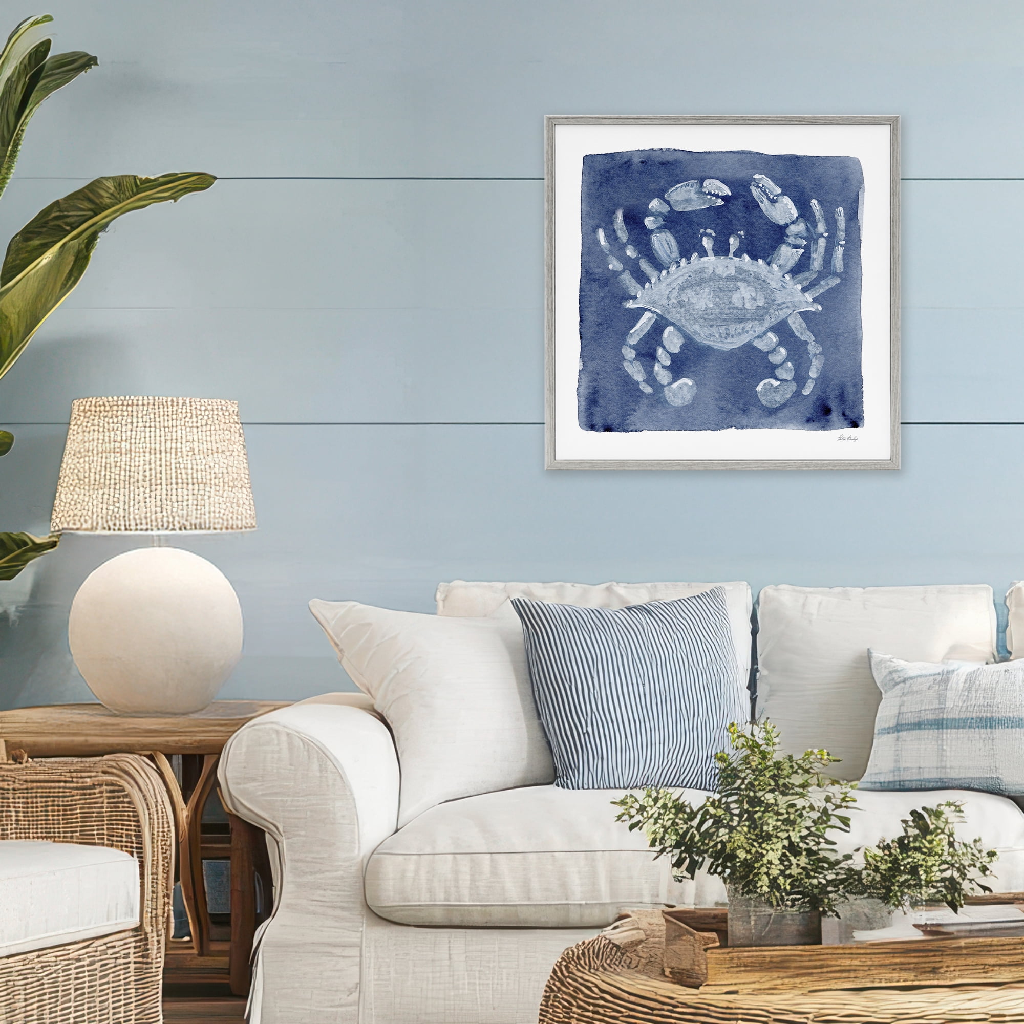 Stupell Industries White Crab on Indigo Gray Framed Giclee Art, design by Patti Bishop
