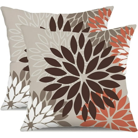 Brown Red Orange Pillow Covers 18×18 Inch Set of 2 Flower Throw Pillows Outdoor Waterproof Decor for Living Room Couch Patio Funiture Garden Modern Floral Polyester Pillow Covers 002A