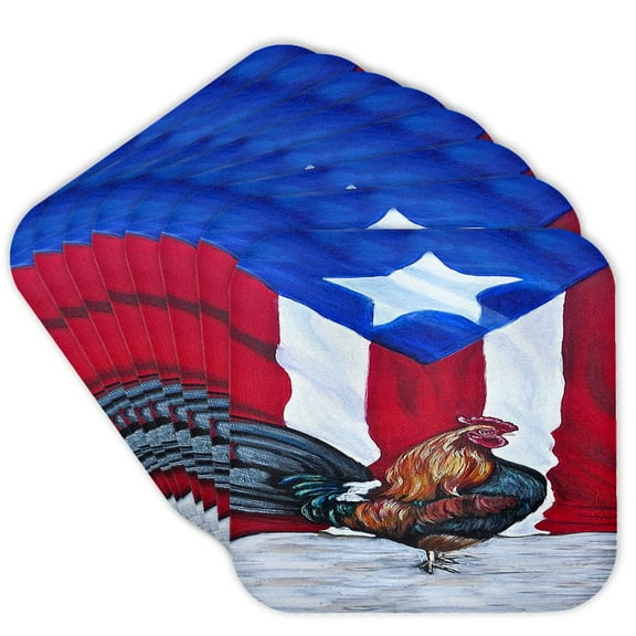 3drose, Rooster with Puerto Rican Flag, Set of 8 Coasters - Soft