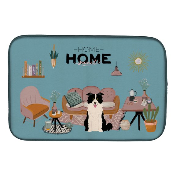 Black White Border Collie Sweet Home Dish Drying Mat