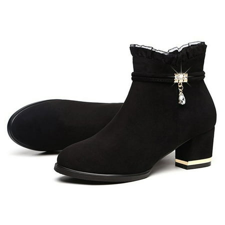 

Women S Cool Boot With Short Cylinder and Heel Block Heel Non-Slip Comfortable Booties Boot with Versatile Style and Stability 38 Black Fleece Lining