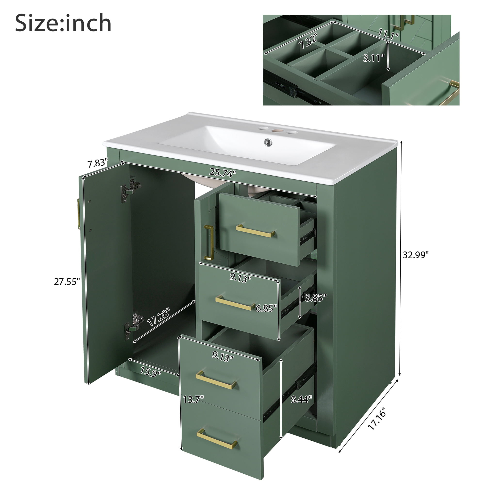 Euroco 30'' Bathroom Vanity with Ceramic Sink Combo, Solid Wood Frame Bathroom Storage Cabinet, Freestanding Vanity Set with 3 Drawers& Soft Closing Doors