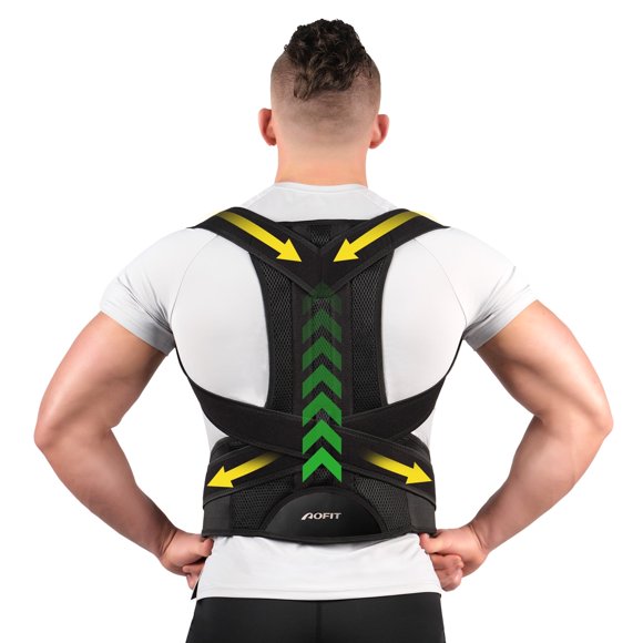 Refurbished Aofit 69P2F12YQWCM Posture Corrector Back Brace with Lumbar Support for Men and Women, Black, Medium