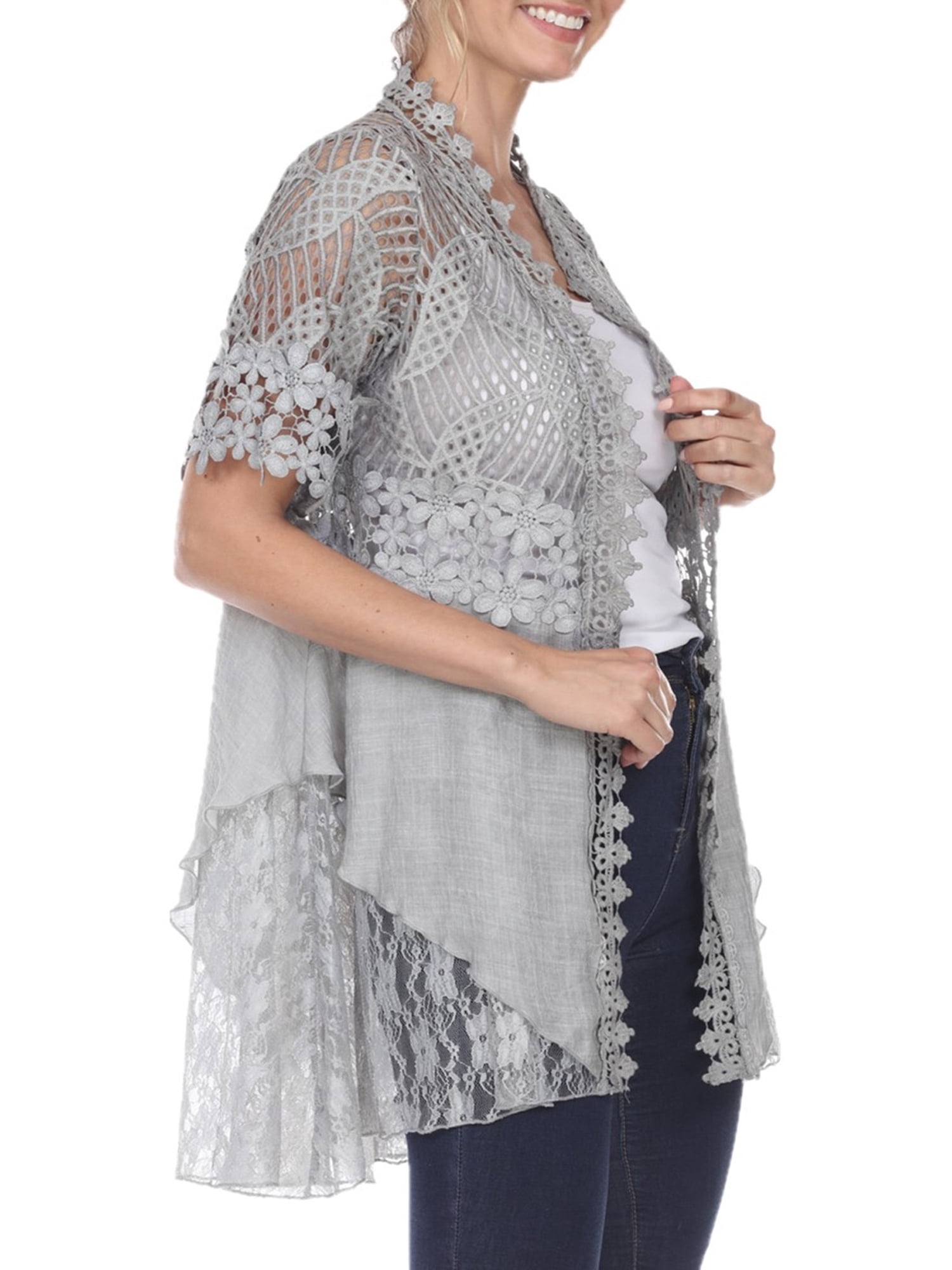 Simply Couture Short Sleeve Lace Mixed Media Jacket, Womens