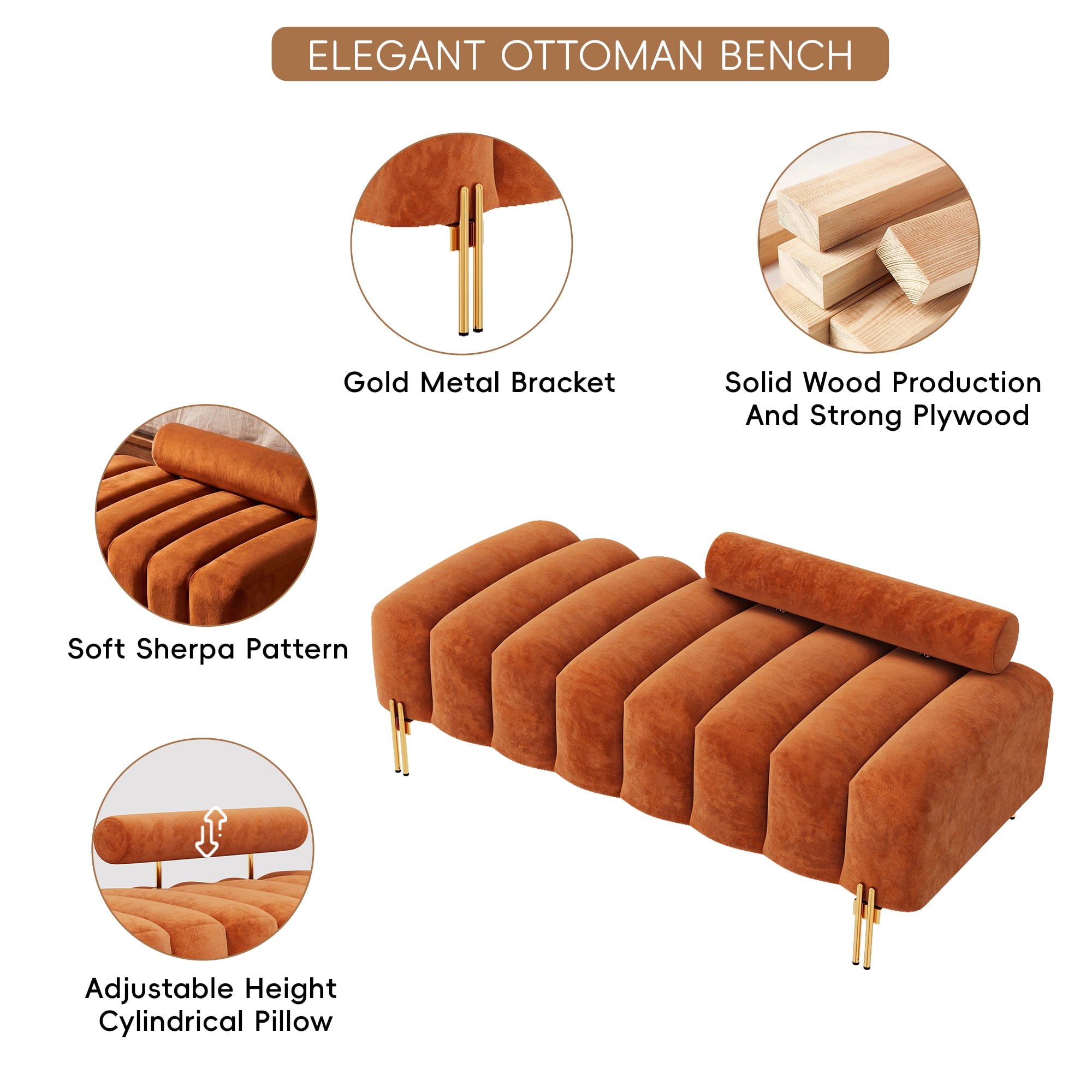 Wiilayok 52" Upholstered Velvet Ottoman Bench,End of Bed Bench with Gold Legs,Tufted Long Bench for Bedroom Living Room Foyer Indoor Entryway, Orange