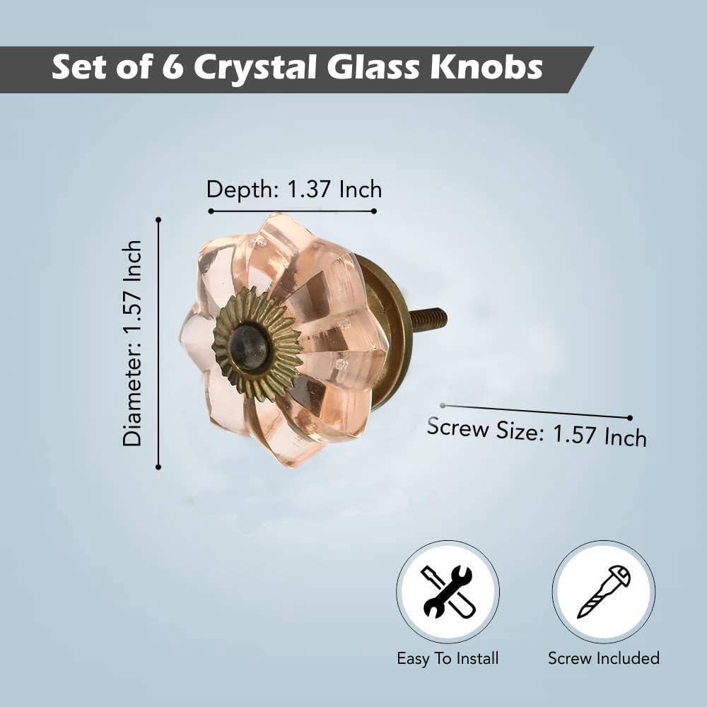 Perilla Home Set of 6 Crystal Knobs for Cabinet & Drawers Decorative Glass Knobs for Home Kitchen Cabinet Hardware Cupboard Glass Door Dresser Wardrobe and Drawer Pulls (Peach & Black)