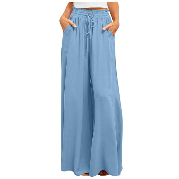Womens Casual Wide Leg Pants Elastic High Waist Drawstring Palazzo Pants  Loose Flowy Lounge Trousers with Pockets Sky Blue