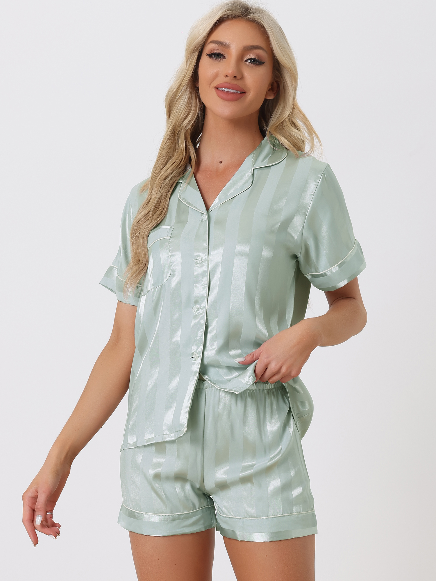 DARING DIVA Women's Satin Button Down Shirt and Shorts Pajama Set L Light Green