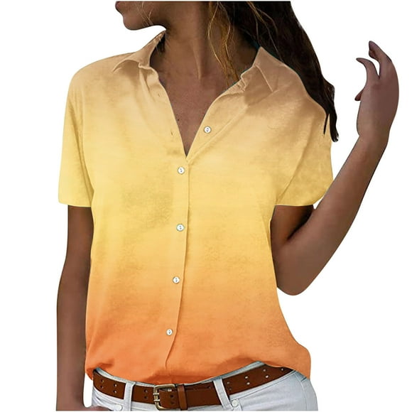 fartey Womens Button Down Blouses 2025 Plus Size Gradient Print Tunic Shirts Casual Short Sleeve Lapel Cardigan Blouses, S-6XL