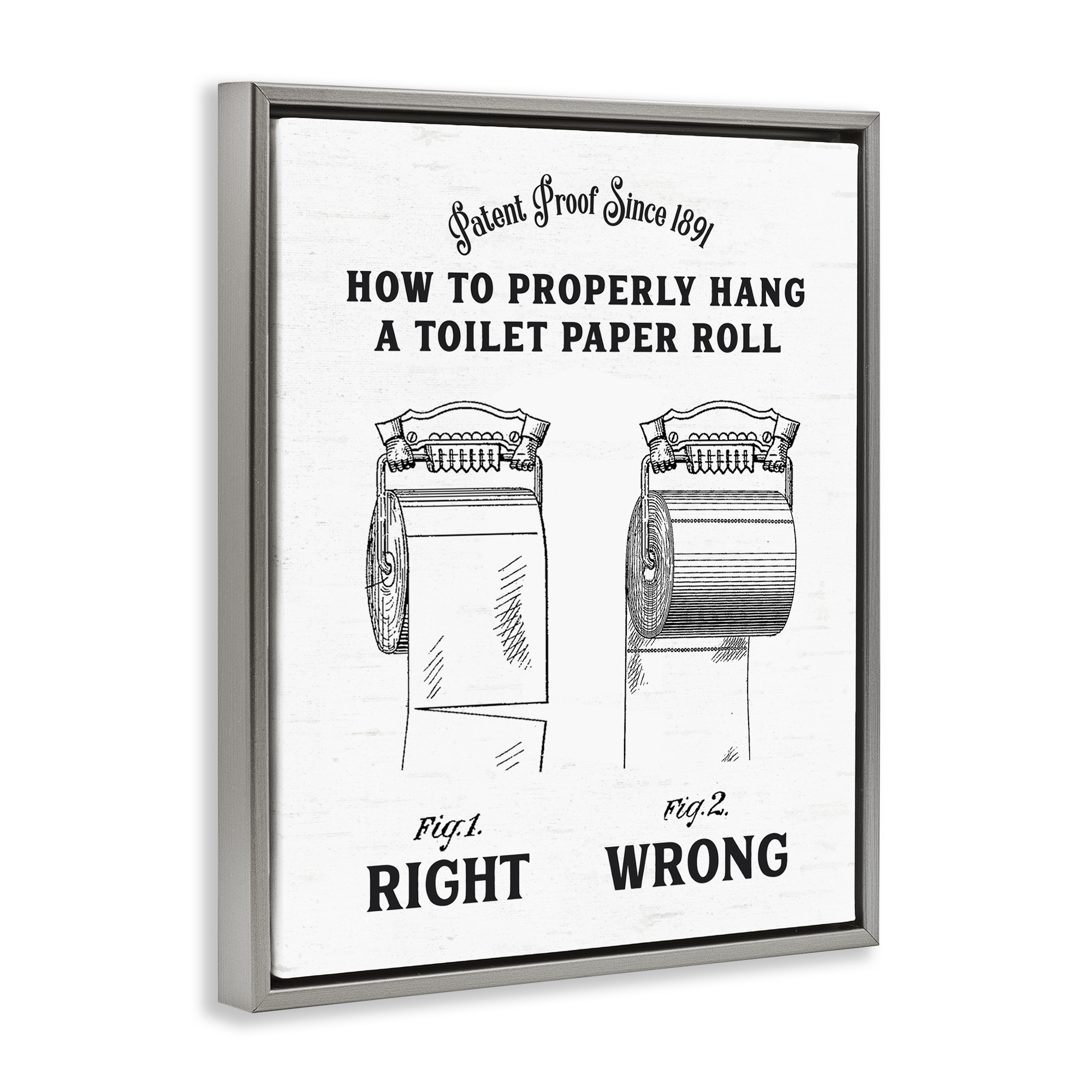 Right & Wrong Toilet Roll Gray Framed Floater Canvas Wall Art, design by Lettered and Lined