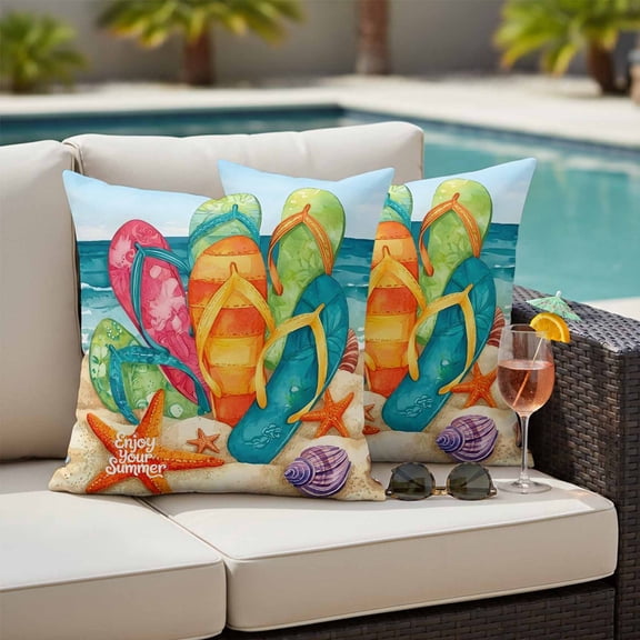 Summer Beach Flip-flops Outdoor Pillow Covers 20x20 Inch Throw Pillow Covers Set of 2 Waterproof Decorative Pillow Cases Colorful Nautical Ocean Sand Cushion Covers for Patio Furniture Garden Couch