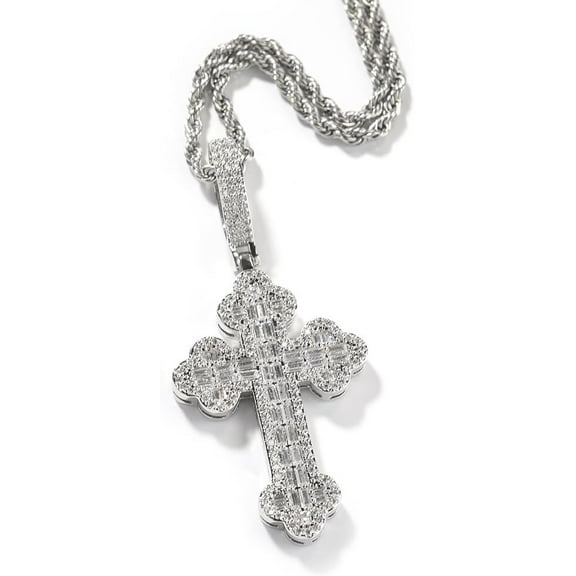 Tilga Iced Out White Gold Plated Cubic Zirconia Cross Pendant Necklace With Rope Chain, Trendy Hip Hop Cross Faith Pendant Jesus Necklace For Men Women