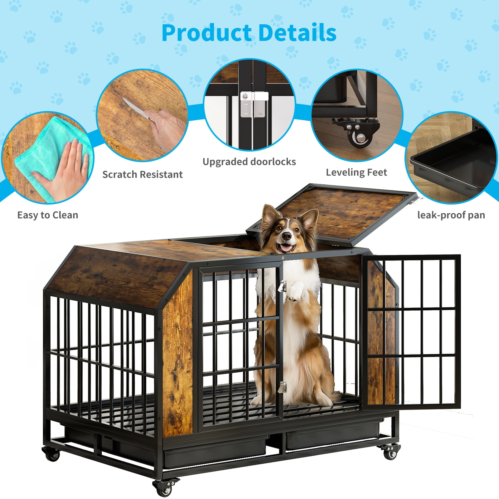 TABU 42" Furniture Style Dog Crate, Wooden Dog Kennel, Heavy Duty Dog Crate with Lockable Wheels, Rustic Brown