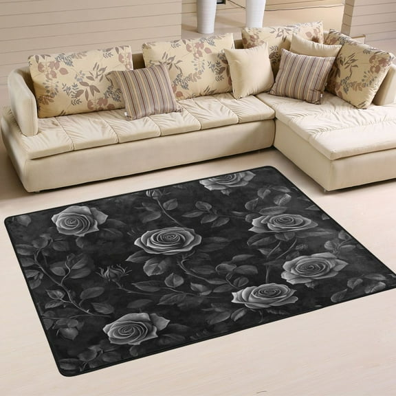 WOBOGO Black Rose Carpet Non-Slip Rugs Soft Doormat 36×24in Living Dining Room Bedroom Decorative