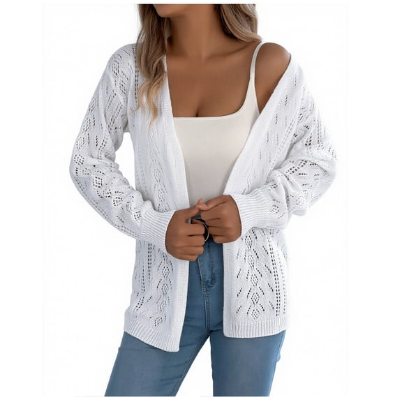 Scyoekwg Cardigan Sweaters for Women Fall Fashion Hollow Out Crochet Knit Open Front Cardigans Winter Loose Long Sleeve Sweater Coat (White,M)