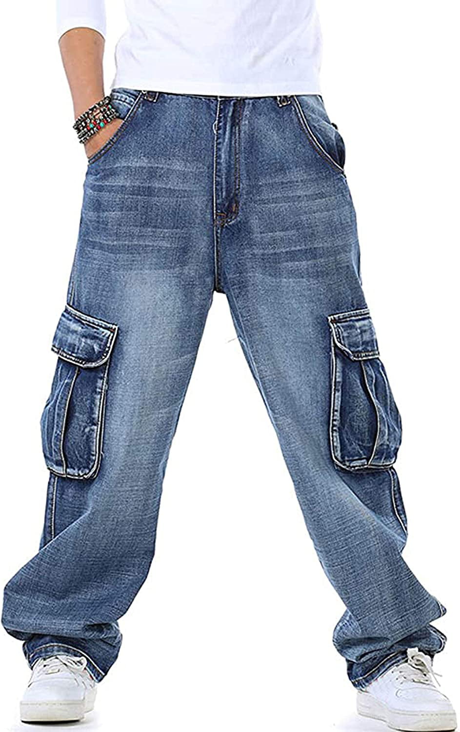 Kalanman Mens Cargo Denim Pants Skinny Casual Hip Hop Tapered Leg Jean at   Men’s Clothing store