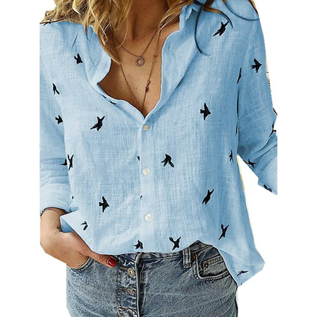 Daeful Hauts pour Femmes Chemises à Manches Longues Col à Revers Blouse Ample Bleu Noir S