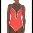 thumbnail image 3 of Traje de Baño de una Pieza para Mujer, con Control de Abdomen, Escote en V Profundo, Neón, , con Lazo en la Espalda, Verano 2025. Color Naranja M, 3 of 6