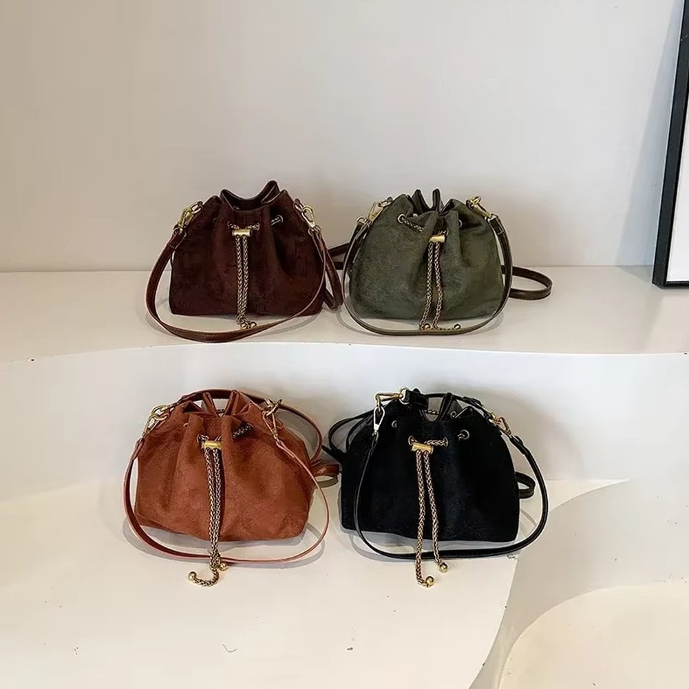 Jiibva Soft Suede Crossbody Bags Drawstring Bucket Purse For Women Thread String Women's Handbags