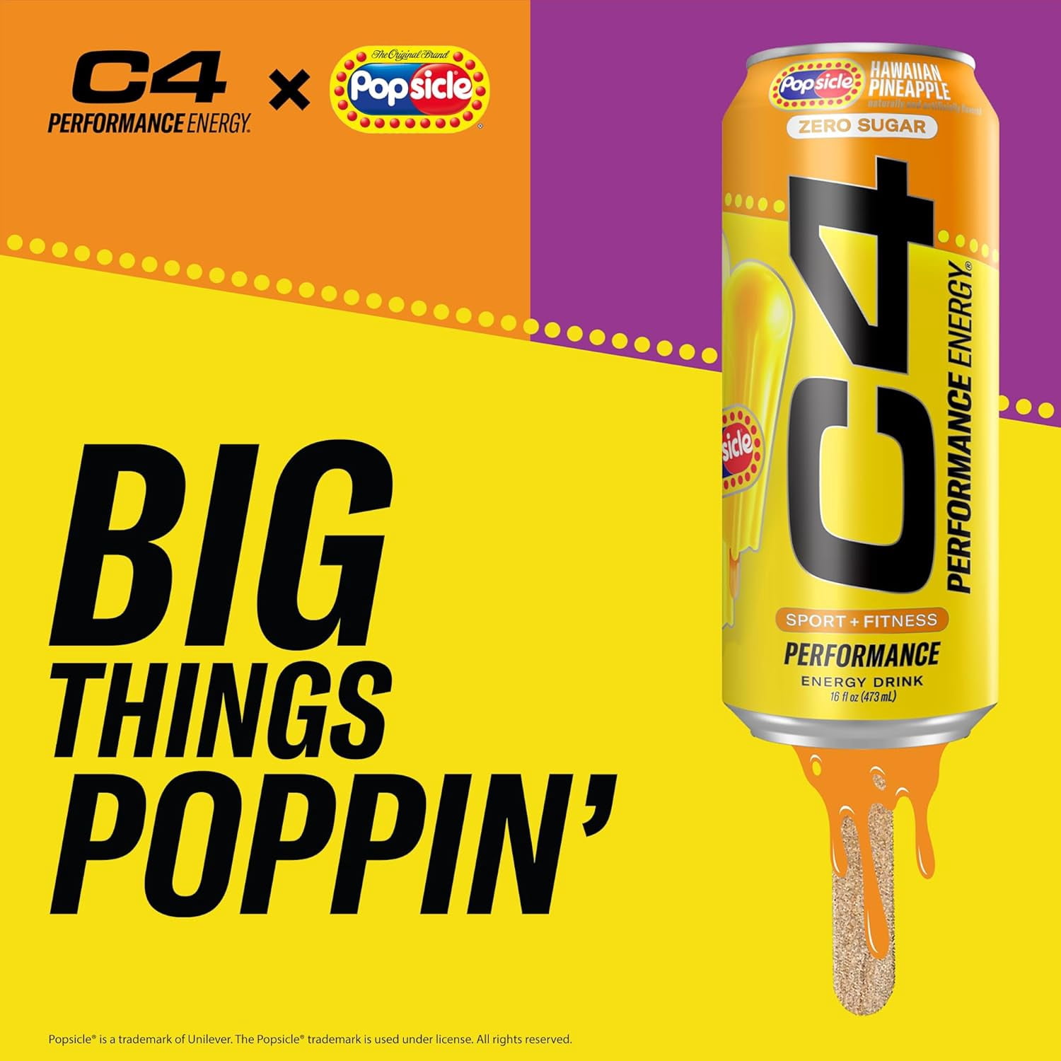 C4 Performance Energy Drink, Hawaiian Pineapple Popsicle Flavor, Zero Sugar, Carbonated, 16 oz can (12 Pack)