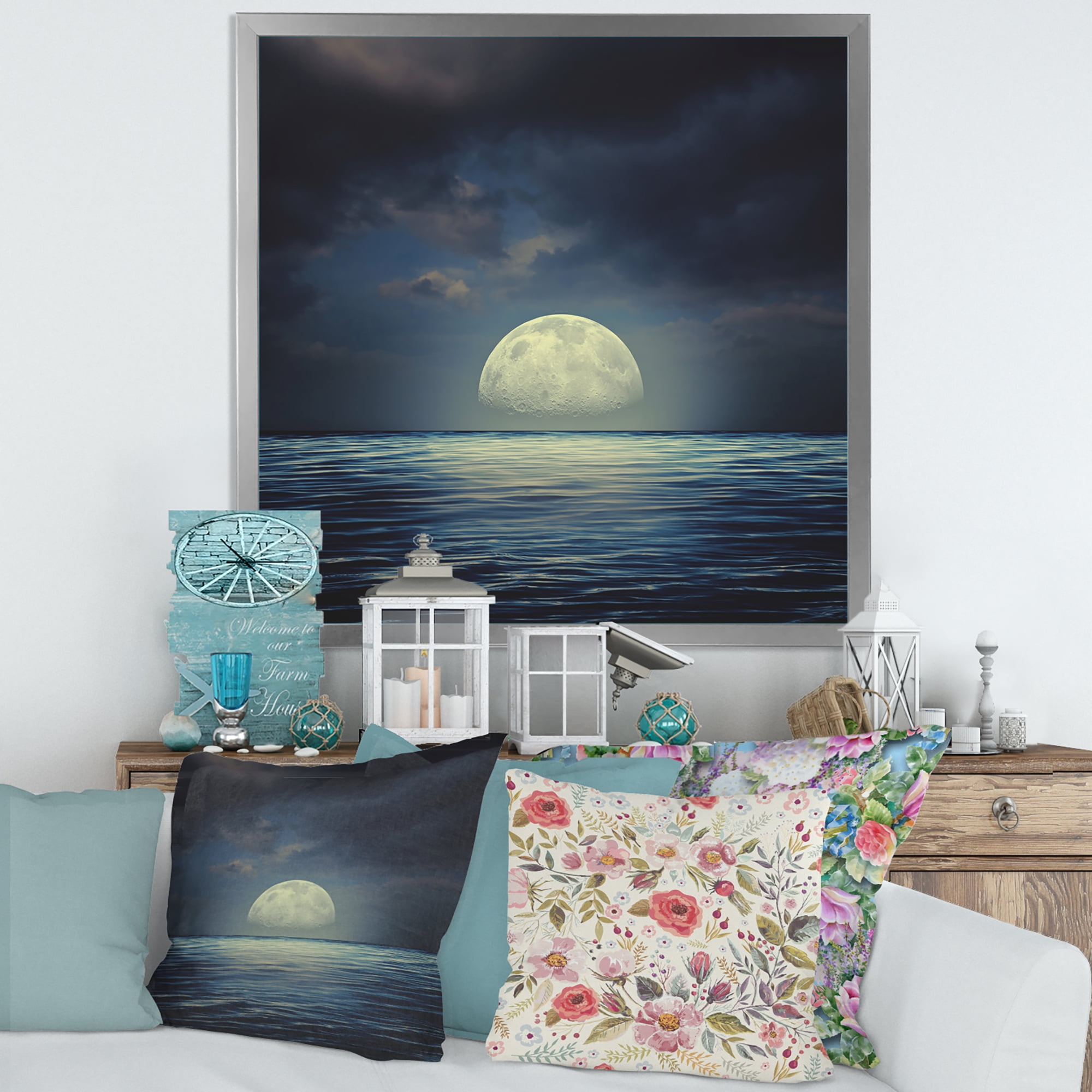 Designart 'Super Moon Over The Blue Sea' Nautical & Coastal Framed Art Print