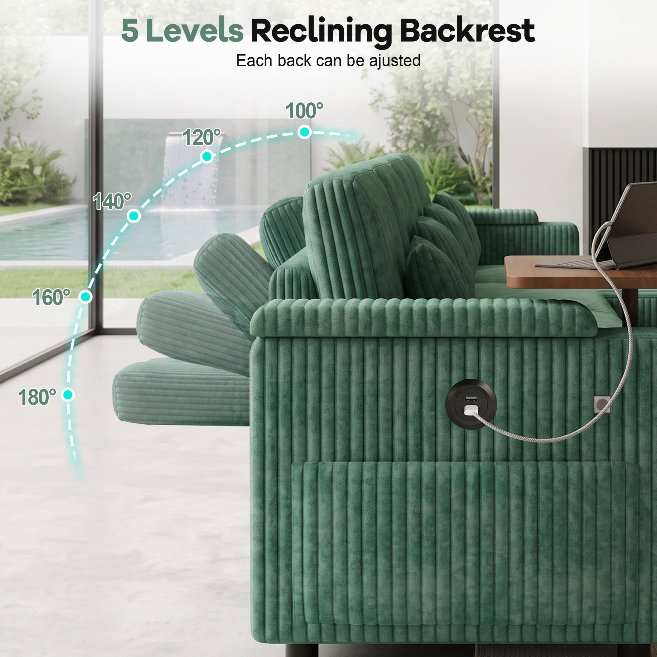 Aenkyo 7-Seat Corduroy U-Shaped Sectional Sleeper Sofa Bed with Storage Chaise and USB Charging, Green
