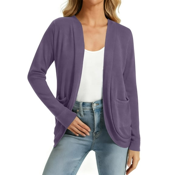 Byworldtasic Long Sleeve Knit Sweater Cardigans for Women Curved Hem Open Front with Pockets