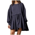 thumbnail image 2 of Busydd Womens Summer Dresses Tiered Pleated Midi Dress Solid Color Oversized Patchwork Sundress Round Neck Long Sleeve Shirts Dresses Soft Versatile Casual Dress, 2 of 8