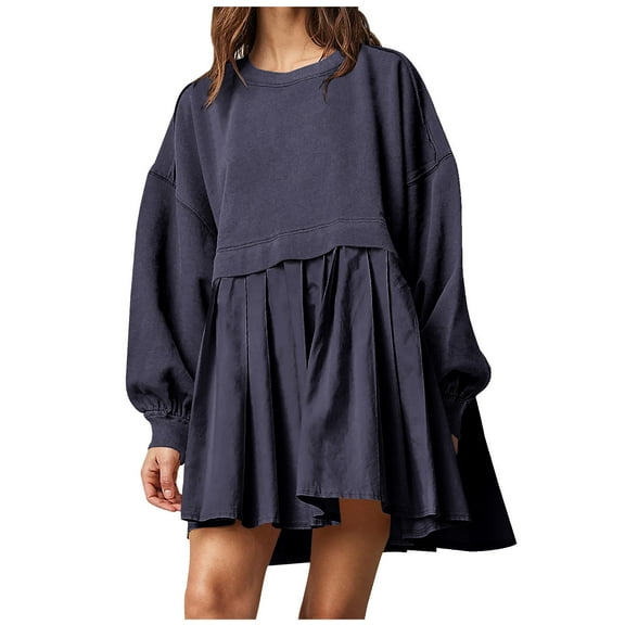 Dress for Women Fashion Casual Over Sized Sweatshirt Long Sleeve Dress Round-Neck Ladies Patchwork Mini Dresses Dresses for Womens