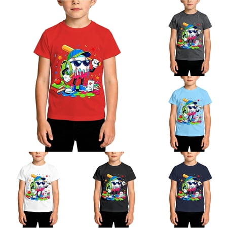 WAYUTE Back To School Kids Boys Summer Short Sleeve Crew Neck T Shirt Cartoon Print Comfort Everyday Fashion Top Casual Outdoor Red Size 4-5 Y