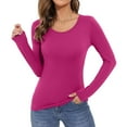 thumbnail image 2 of Women's Long Sleeve T-Shirt Crewneck Rayon Slim Fit Stretchy Layer T Shirts Basic Tops Plus Size Fall Tops Hot Pink M, 2 of 4