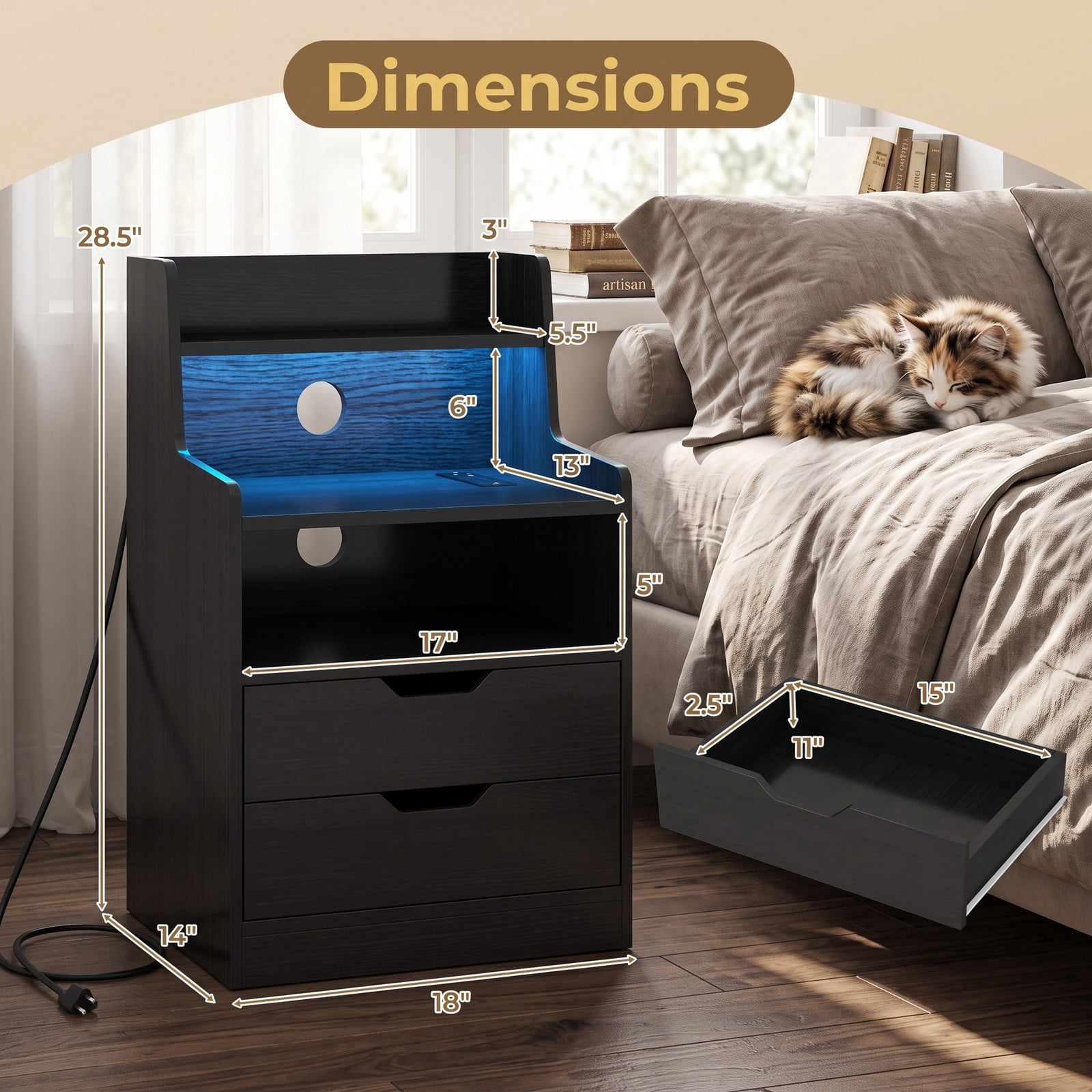 Furnibear Nightstand with RGB LED Light and Charging Station and 2 Drawers for Bedside Storage in the Bedroom and Living Room, Black