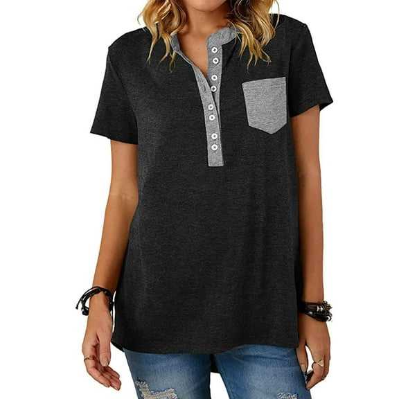 Womens Tops and Blouses Womens V-neck Button Short Sleeve T-Shirt Solid Casual T-Shirt Loose Sports Outdoor Tops clothes under $10.00