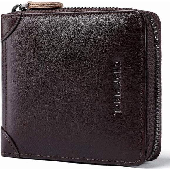 Cartera de Cuero Genuino para Hombre con Zíper, RFID, Segura, de Gran Capacidad, Doble Pliegue, Multi-tarjeta, Carteras de Cuero para Hombre y Monedero