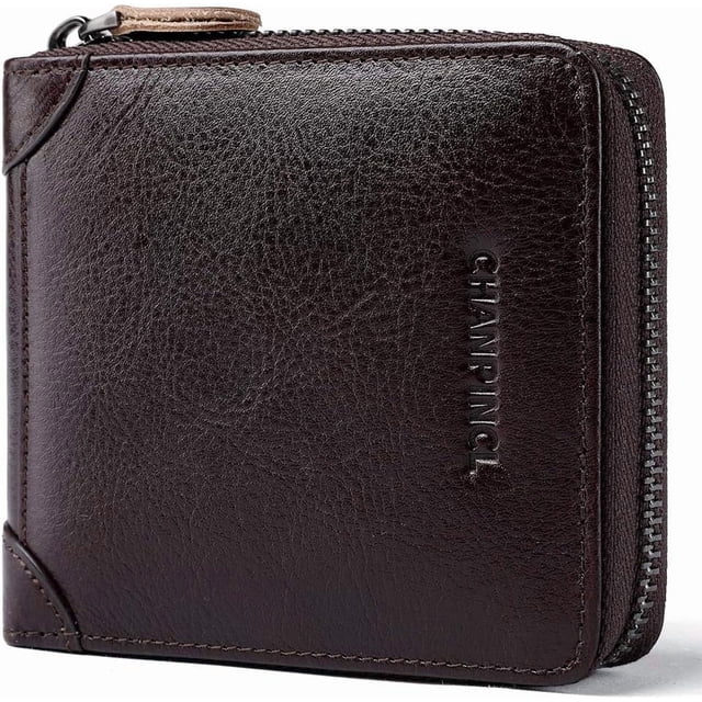 Cartera de Cuero Genuino para Hombre con Zíper, RFID, Segura, de Gran Capacidad, Doble Pliegue, Multi-tarjeta, Carteras de Cuero para Hombre y Monedero