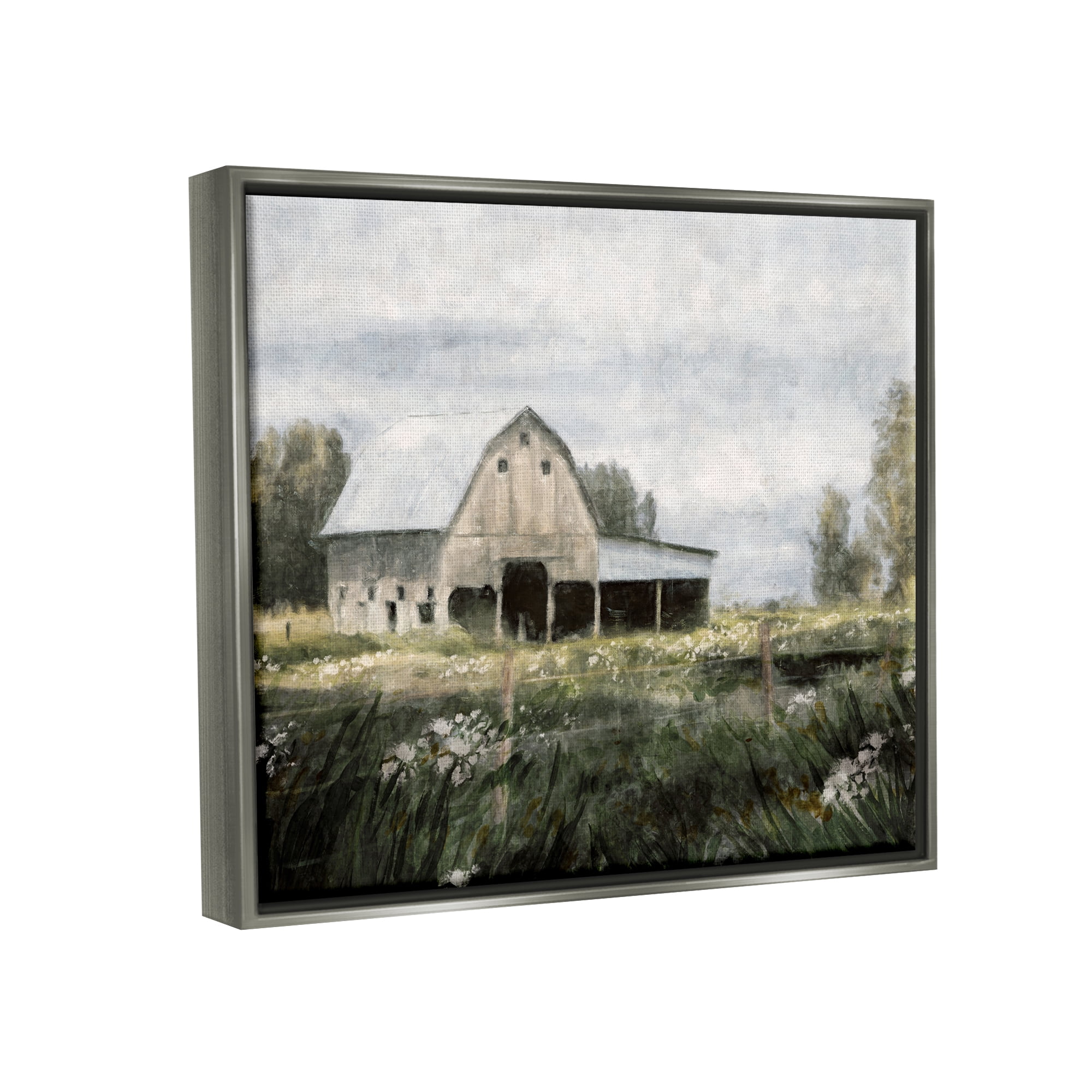 Stupell Industries Country Farmhouse Barn Meadow Landscape Painting Gray Floater Framed Art Print Wall Art