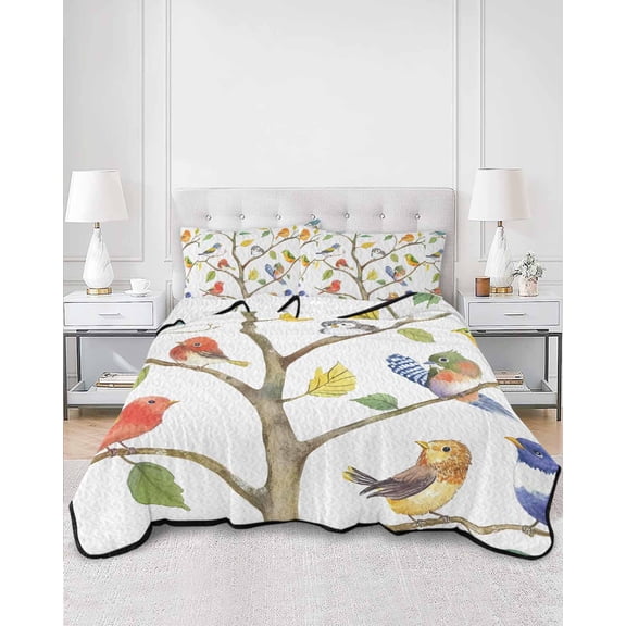 Quilts Twin Size, Watercolor Bird Soft Comforter Bedding Set for Bed, Modern Spring Branch Colorful Leaf Lightweight Quilted Bedspread with Pillow Cover(2 Pieces) for All Season, 68x86 Inch