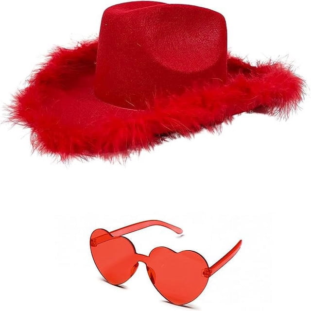 Accesory Set 4E's Novelty, sombrero de vaquero rojo con plumas y gafas de sol