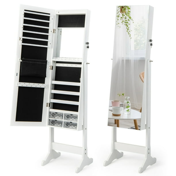 Costway Armario para Joyas de Pie con Espejo de Cuerpo Entero Joyero con Cerradura Cajones Luz LED Organizador Almacenamiento para Joyas Blanco