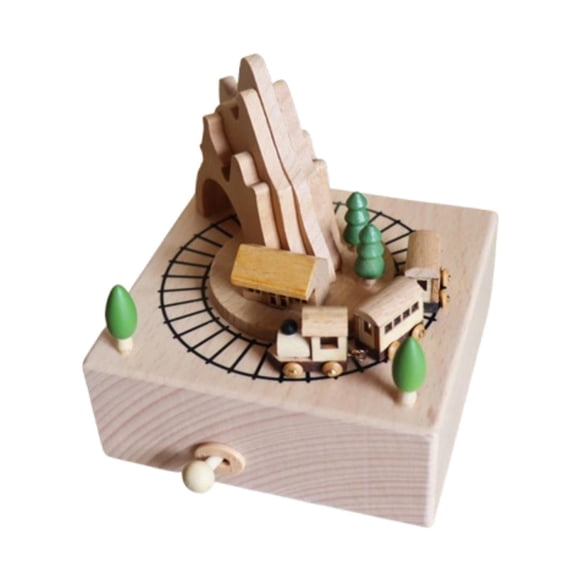 Caja de música de madera, figura de caja de música, base cuadrada, manualidades, linda figura coleccionable Tren de la cueva